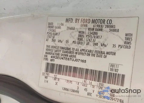 2007 Mercury Mountaineer from USA, damaged, VIN 4M2EU47E67UJ07165